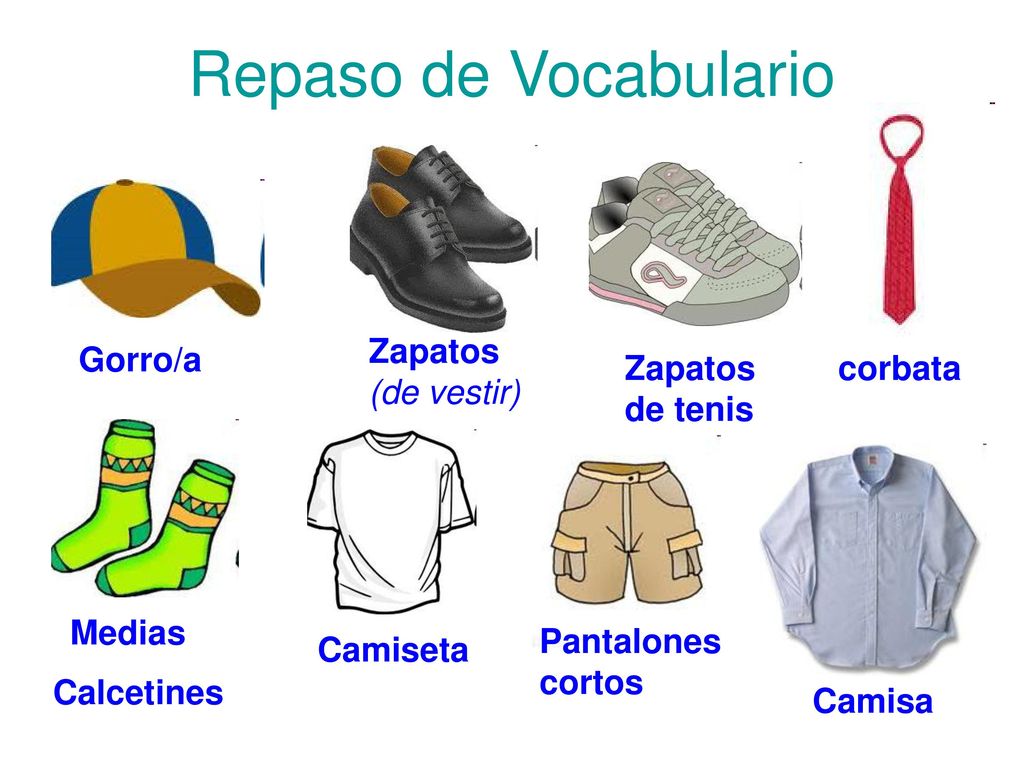Repaso de Vocabulario Zapatos (de vestir) Gorro/a Zapatos de tenis