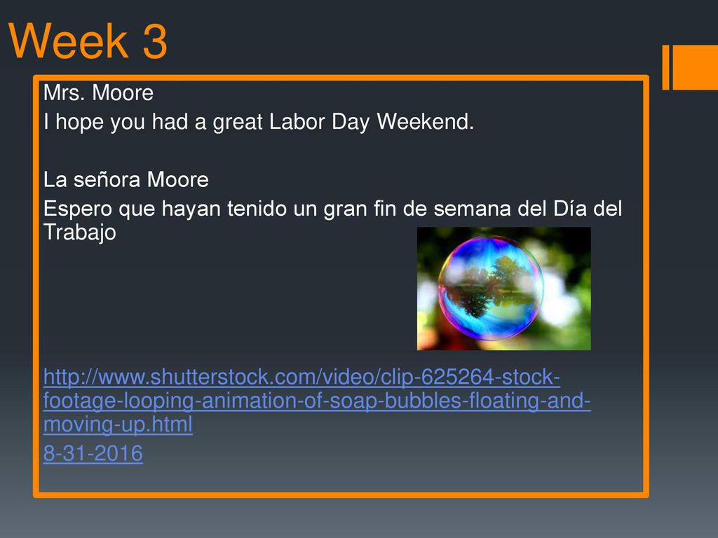 Week 3 Mrs. Moore I hope you had a great Labor Day Weekend.