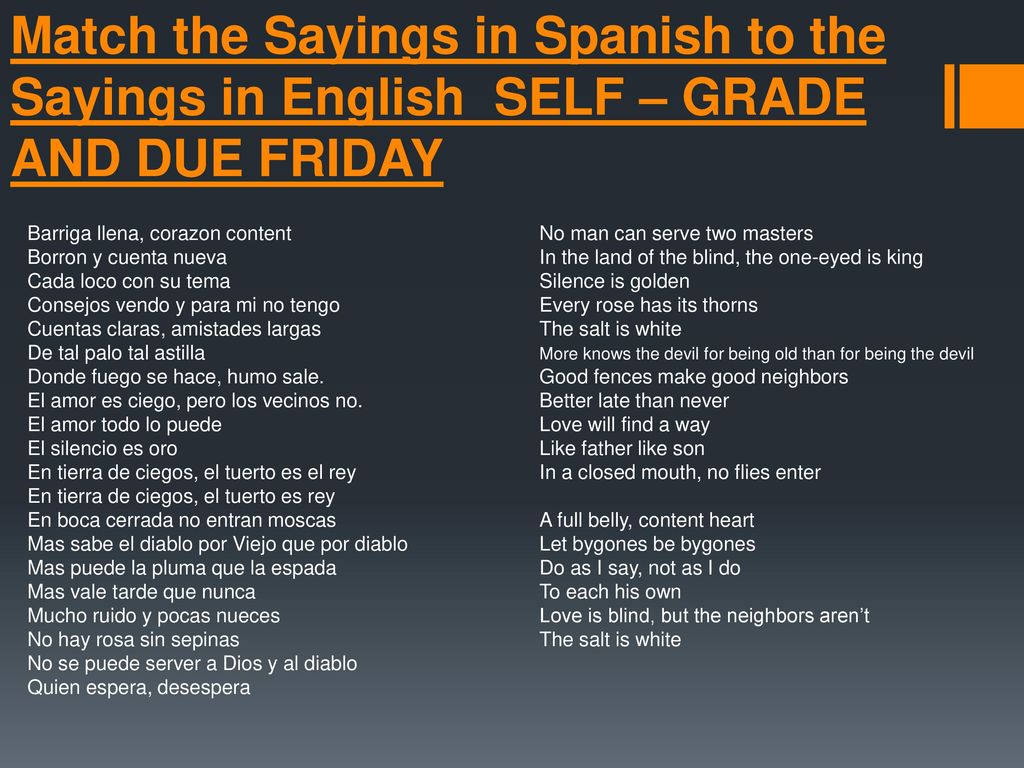Match the Sayings in Spanish to the Sayings in English SELF – GRADE AND DUE FRIDAY