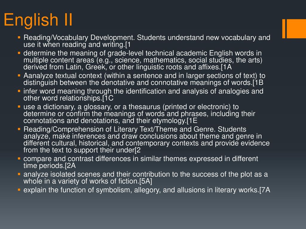 English II Reading/Vocabulary Development. Students understand new vocabulary and use it when reading and writing.[1.