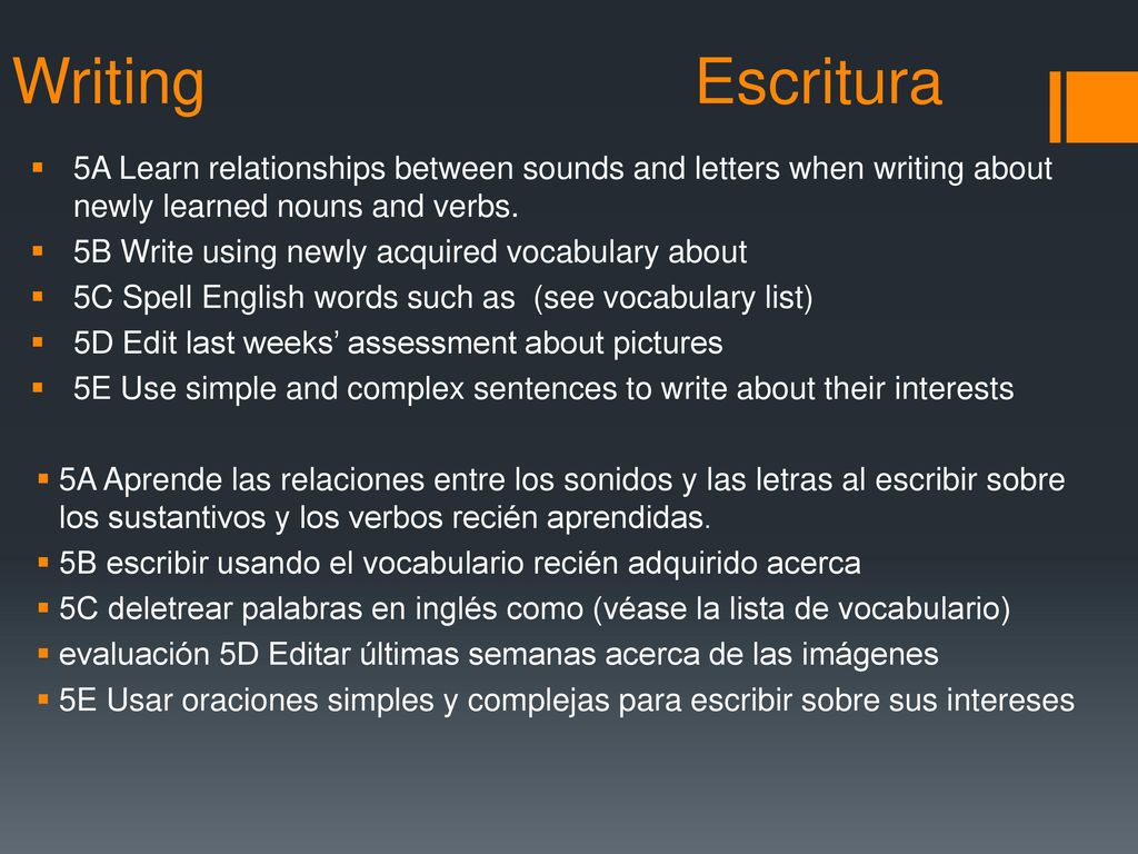 Writing Escritura 5A Learn relationships between sounds and letters when writing about newly learned nouns and verbs.