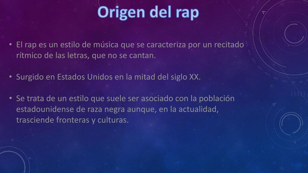 Origen del rap El rap es un estilo de música que se caracteriza por un recitado rítmico de las letras, que no se cantan.
