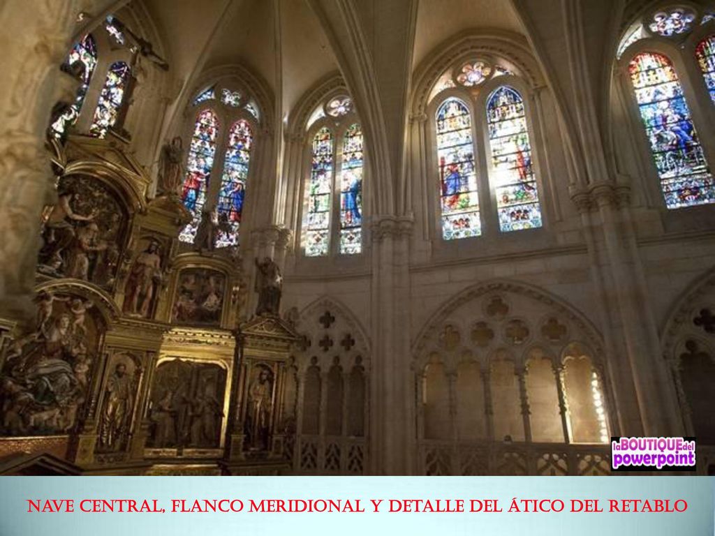 Nave central, flanco meridional y detalle del ático del retablo
