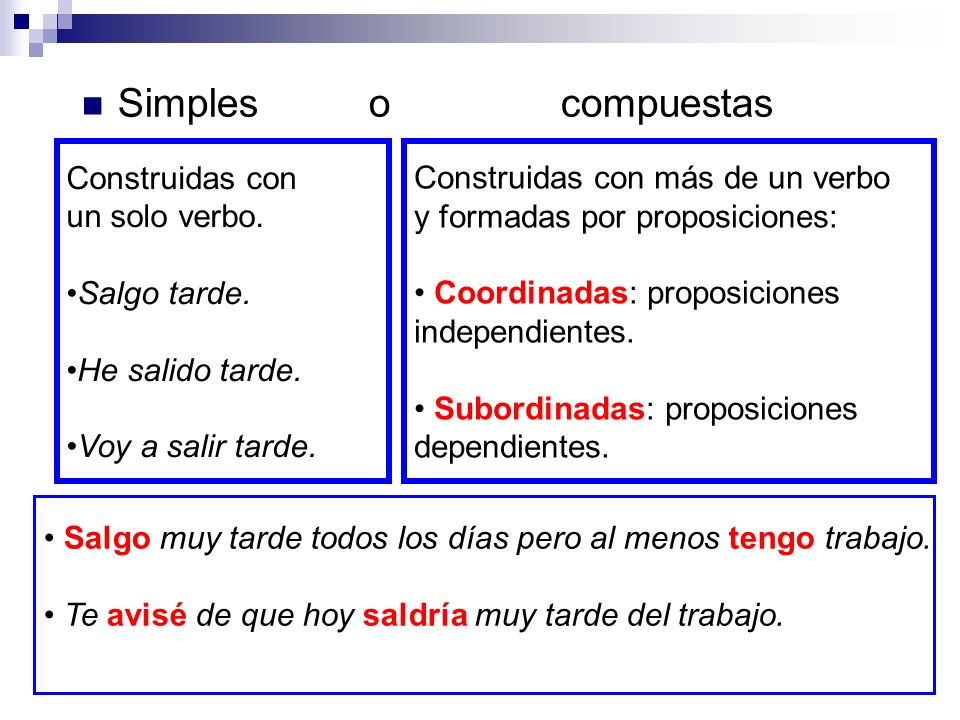 Simples o compuestas Construidas con un solo verbo. Salgo tarde.