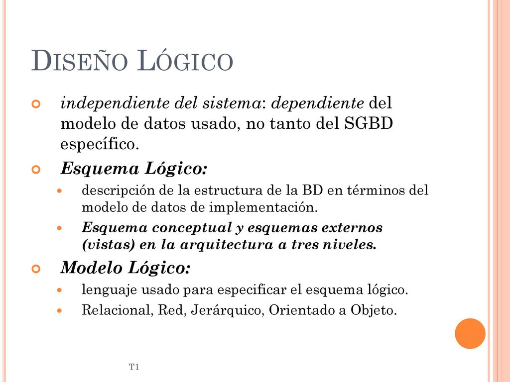 Diseño Lógico independiente del sistema: dependiente del modelo de datos usado, no tanto del SGBD específico.