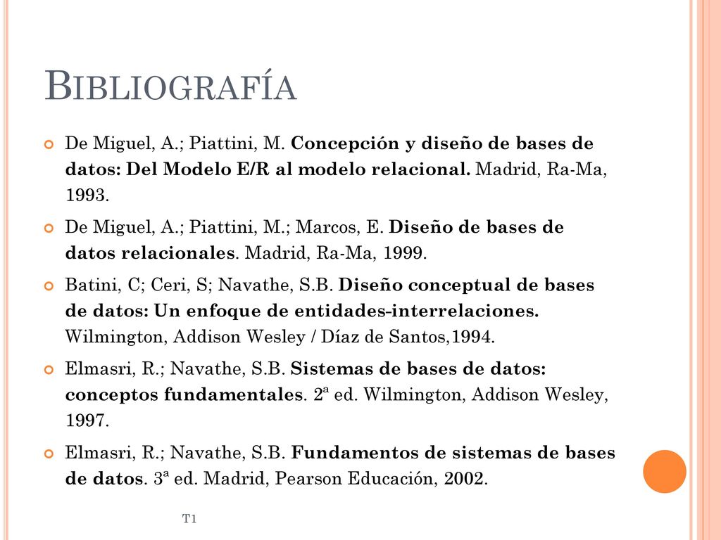Bibliografía De Miguel, A.; Piattini, M. Concepción y diseño de bases de datos: Del Modelo E/R al modelo relacional. Madrid, Ra-Ma,