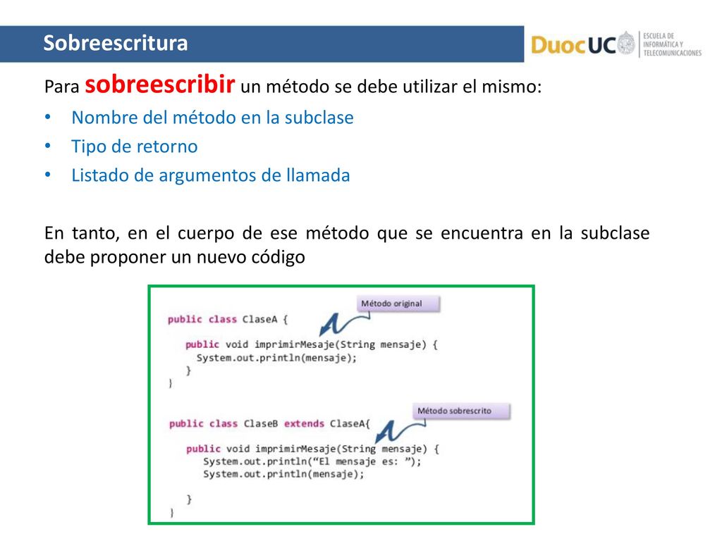 Sobreescritura Para sobreescribir un método se debe utilizar el mismo: