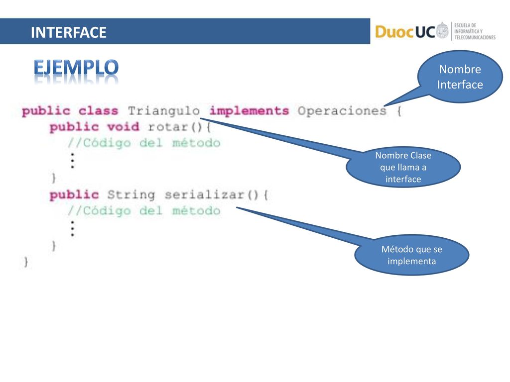 ejemplo interface Nombre Interface Nombre Clase que llama a interface