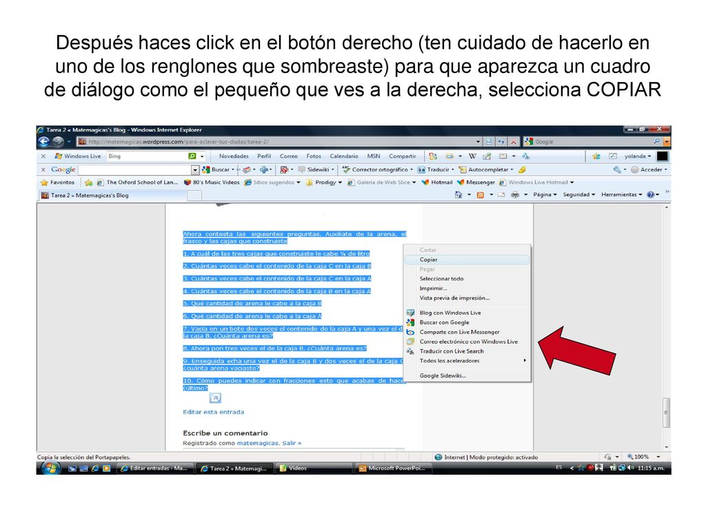 Después haces click en el botón derecho (ten cuidado de hacerlo en uno de los renglones que sombreaste) para que aparezca un cuadro de diálogo como el pequeño que ves a la derecha, selecciona COPIAR