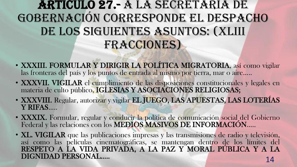 Artículo 27.- A la Secretaría de Gobernación corresponde el despacho de los siguientes asuntos: (XLIII fracciones)