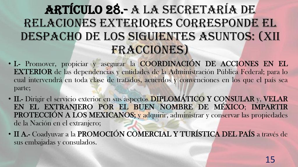 Artículo 28.- A la Secretaría de Relaciones Exteriores corresponde el despacho de los siguientes asuntos: (XII fracciones)