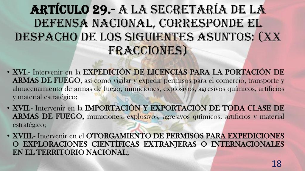 Artículo 29.- A la Secretaría de la Defensa Nacional, corresponde el despacho de los siguientes asuntos: (XX fracciones)