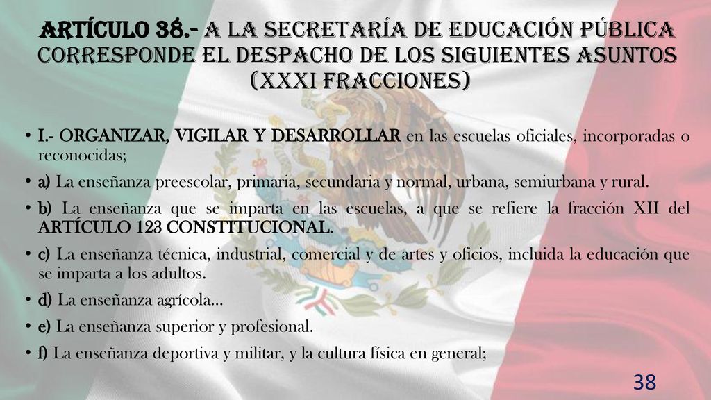 Artículo 38.- A la Secretaría de Educación Pública corresponde el despacho de los siguientes asuntos (XXXI fracciones)