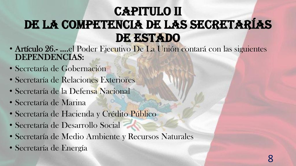 CAPITULO II De la Competencia de las Secretarías de Estado