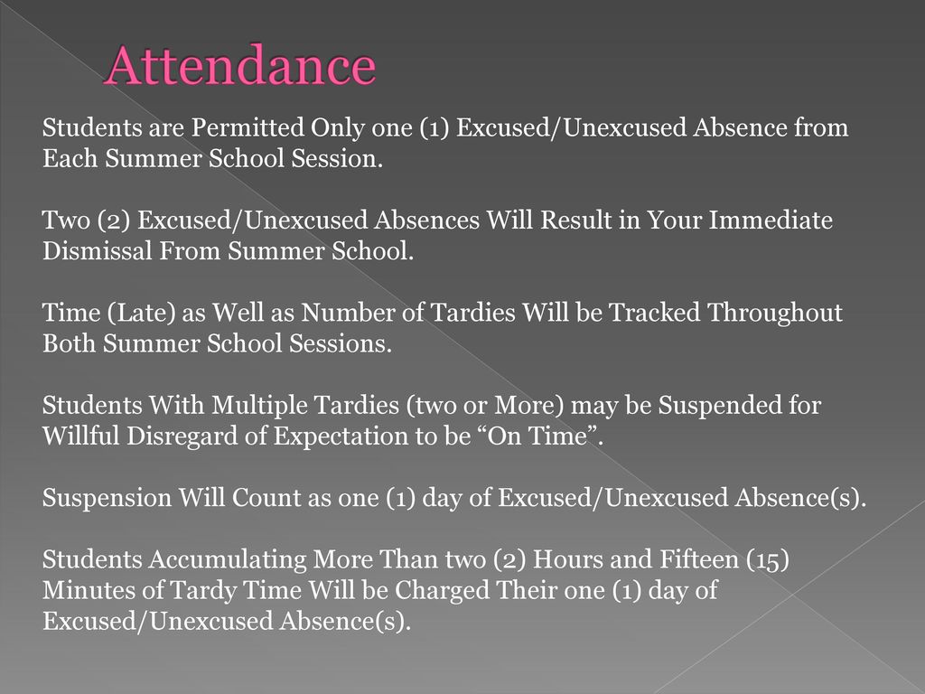 Attendance Students are Permitted Only one (1) Excused/Unexcused Absence from Each Summer School Session.