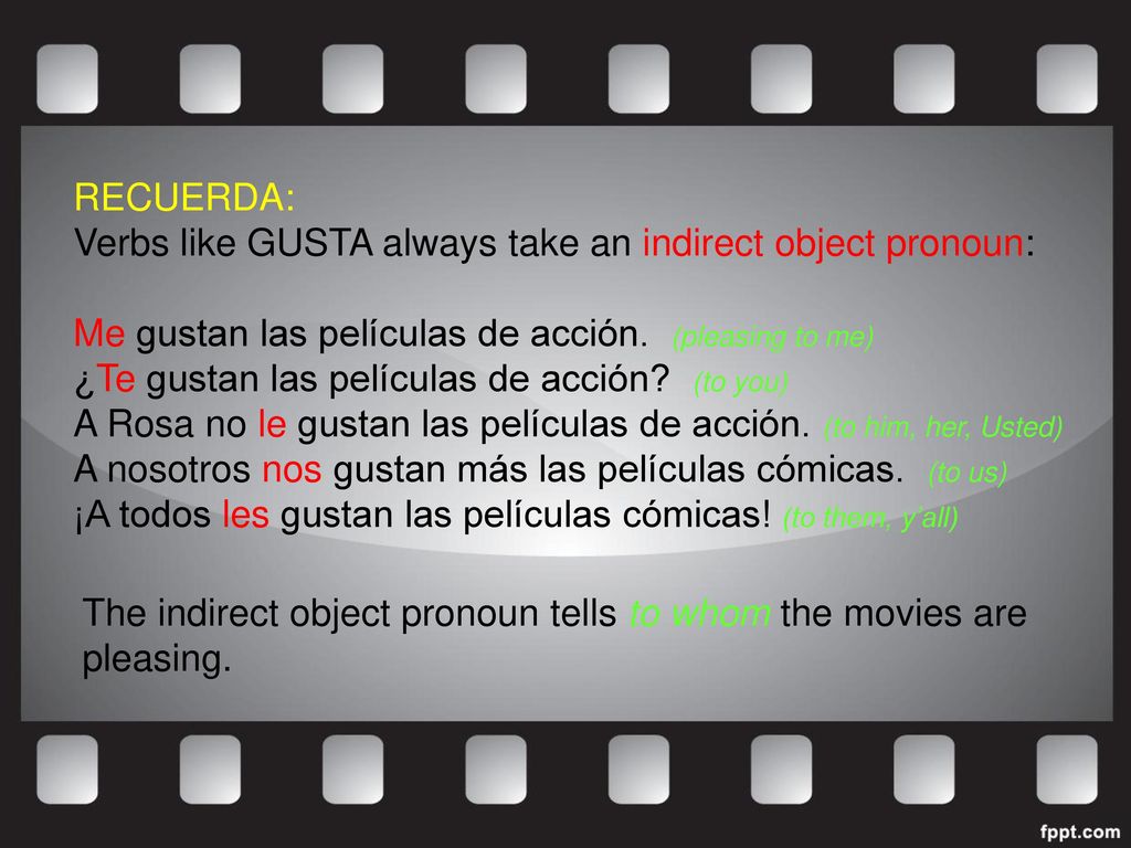 RECUERDA: Verbs like GUSTA always take an indirect object pronoun: Me gustan las películas de acción. (pleasing to me)