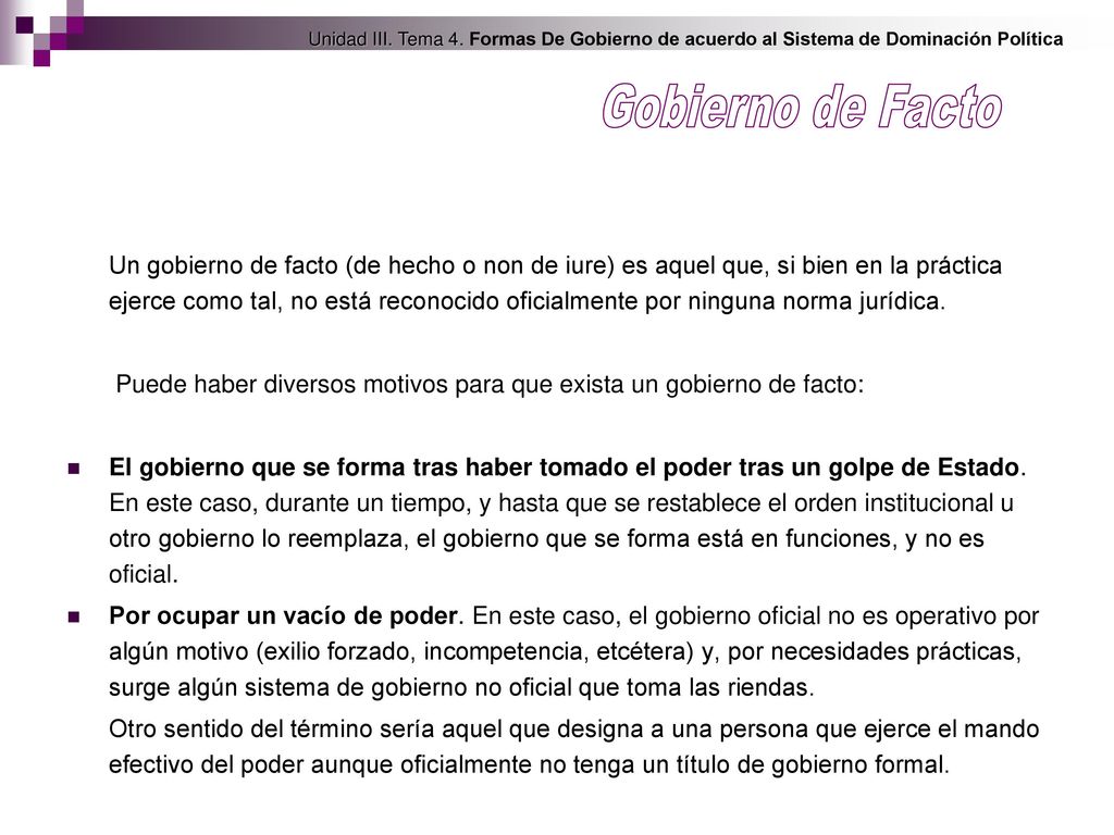 Unidad III. Tema 4. Formas De Gobierno de acuerdo al Sistema de Dominación Política