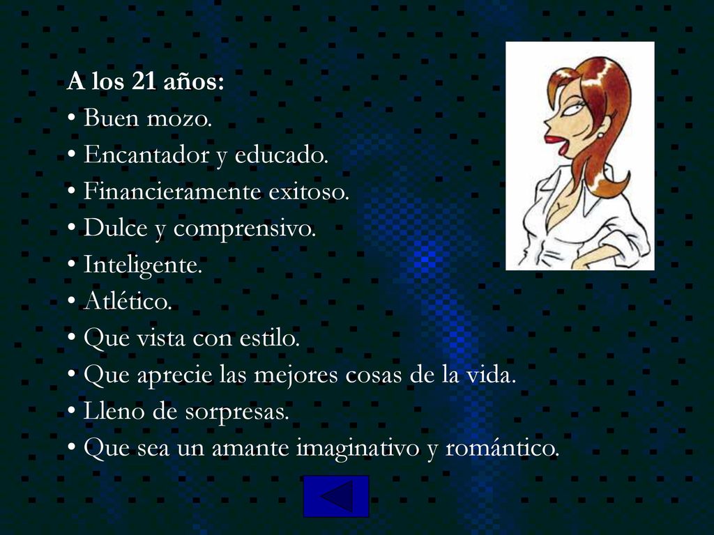 A los 21 años: Buen mozo. Encantador y educado. Financieramente exitoso. Dulce y comprensivo. Inteligente.