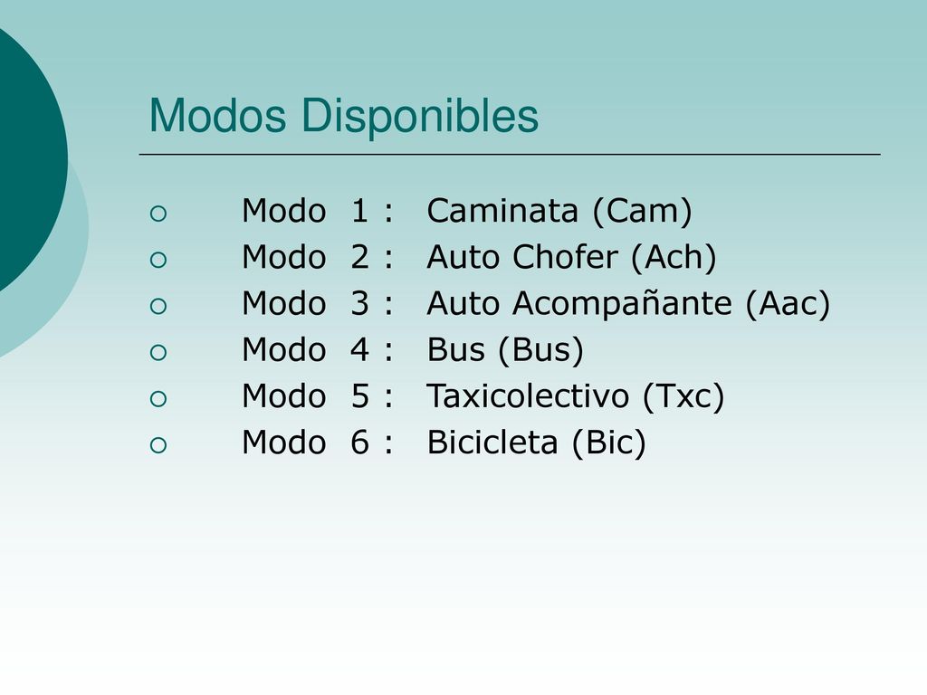 Modos Disponibles Modo 1 : Caminata (Cam) Modo 2 : Auto Chofer (Ach)