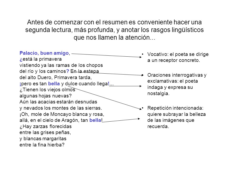 Antes de comenzar con el resumen es conveniente hacer una segunda lectura, más profunda, y anotar los rasgos lingüísticos que nos llamen la atención...