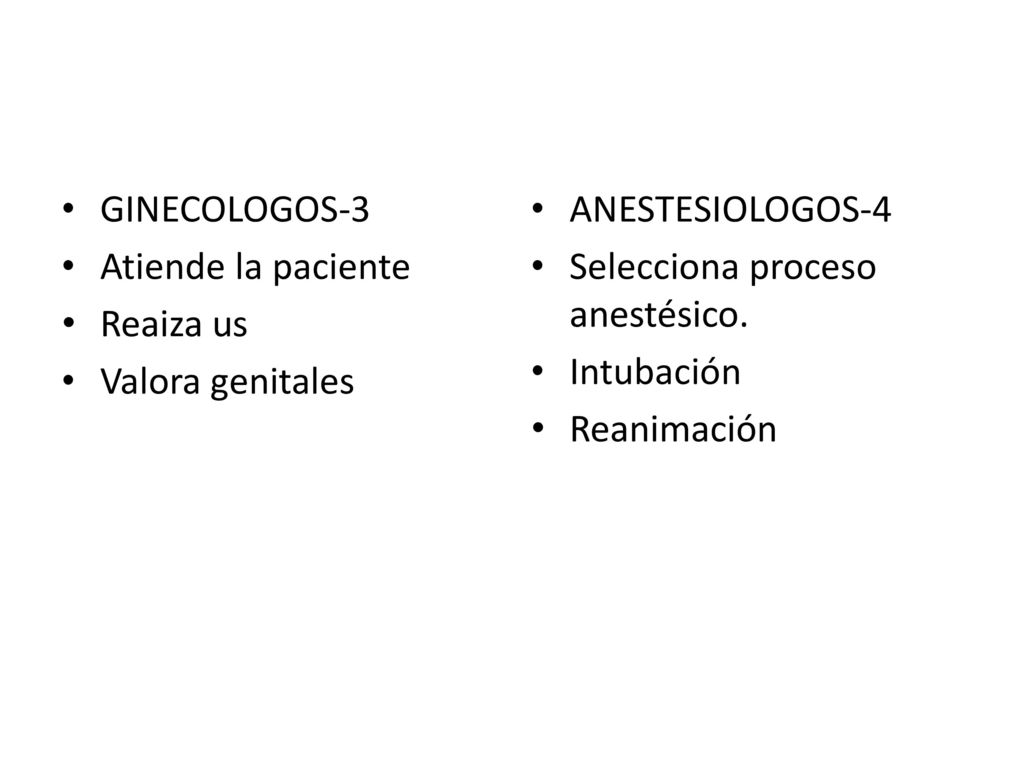 GINECOLOGOS-3 Atiende la paciente. Reaiza us. Valora genitales. ANESTESIOLOGOS-4. Selecciona proceso anestésico.