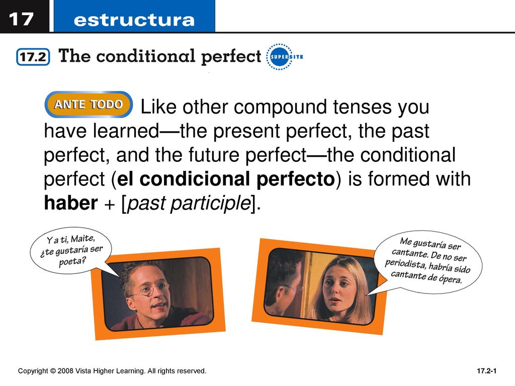 Like other compound tenses you have learned—the present perfect, the past perfect, and the future perfect—the conditional perfect (el condicional perfecto) is formed with haber + [past participle].
