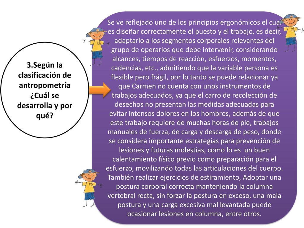 Se ve reflejado uno de los principios ergonómicos el cual es diseñar correctamente el puesto y el trabajo, es decir, adaptarlo a los segmentos corporales relevantes del grupo de operarios que debe intervenir, considerando alcances, tiempos de reacción, esfuerzos, momentos, cadencias, etc., admitiendo que la variable persona es flexible pero frágil, por lo tanto se puede relacionar ya que Carmen no cuenta con unos instrumentos de trabajos adecuados, ya que el carro de recolección de desechos no presentan las medidas adecuadas para evitar intensos dolores en los hombros, además de que este trabajo requiere de muchas horas de pie, trabajos manuales de fuerza, de carga y descarga de peso, donde se considera importante estrategias para prevención de lesiones y futuras molestias, como lo es un buen calentamiento físico previo como preparación para el esfuerzo, movilizando todas las articulaciones del cuerpo. También realizar ejercicios de estiramiento, Adoptar una postura corporal correcta manteniendo la columna vertebral recta, sin forzar la postura en exceso, una mala postura y una carga excesiva mal levantada puede ocasionar lesiones en columna, entre otros.