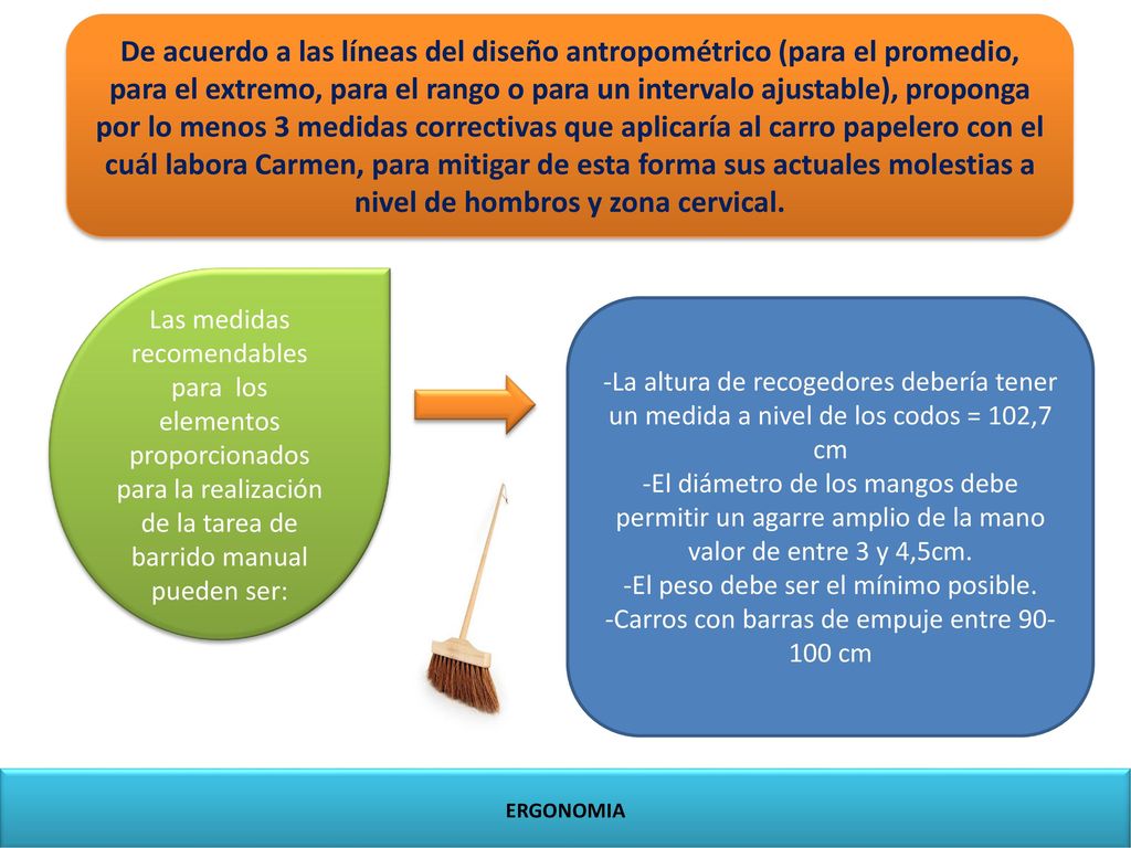 De acuerdo a las líneas del diseño antropométrico (para el promedio, para el extremo, para el rango o para un intervalo ajustable), proponga por lo menos 3 medidas correctivas que aplicaría al carro papelero con el cuál labora Carmen, para mitigar de esta forma sus actuales molestias a nivel de hombros y zona cervical.