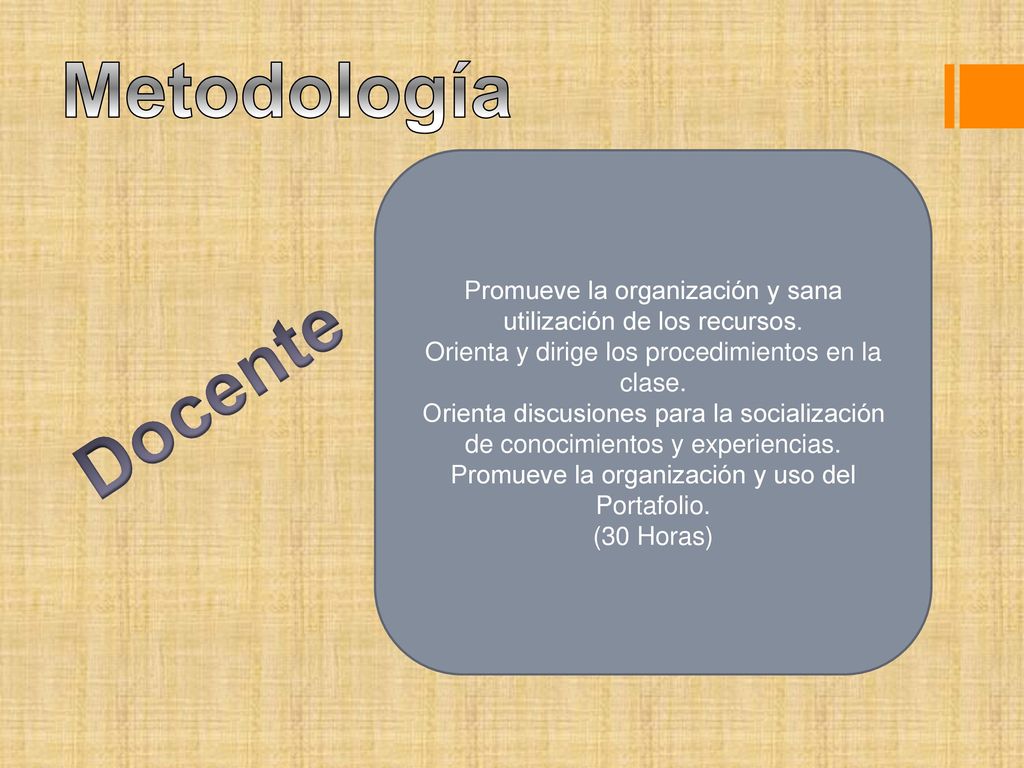 Metodología Promueve la organización y sana utilización de los recursos. Orienta y dirige los procedimientos en la clase.