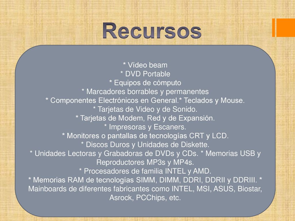 Recursos * Vídeo beam * DVD Portable * Equipos de cómputo
