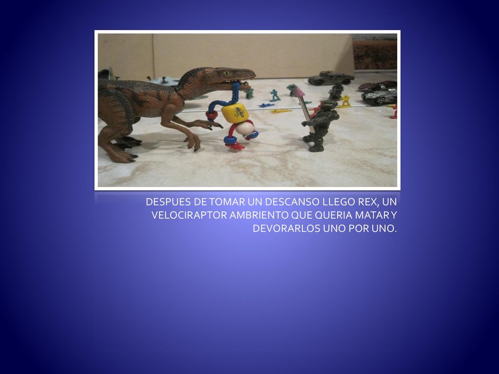 DESPUES DE TOMAR UN DESCANSO LLEGO REX, UN VELOCIRAPTOR AMBRIENTO QUE QUERIA MATAR Y DEVORARLOS UNO POR UNO.