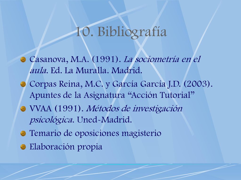 10. Bibliografía Casanova, M.A. (1991). La sociometría en el aula. Ed. La Muralla. Madrid.