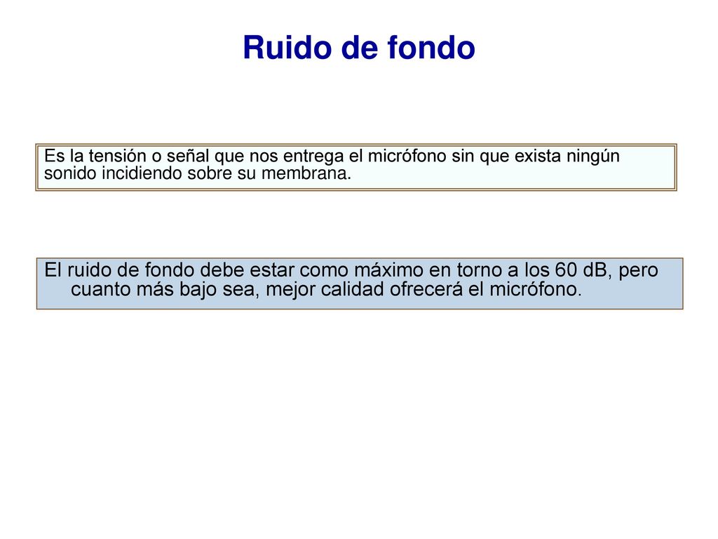 Ruido de fondo Es la tensión o señal que nos entrega el micrófono sin que exista ningún sonido incidiendo sobre su membrana.