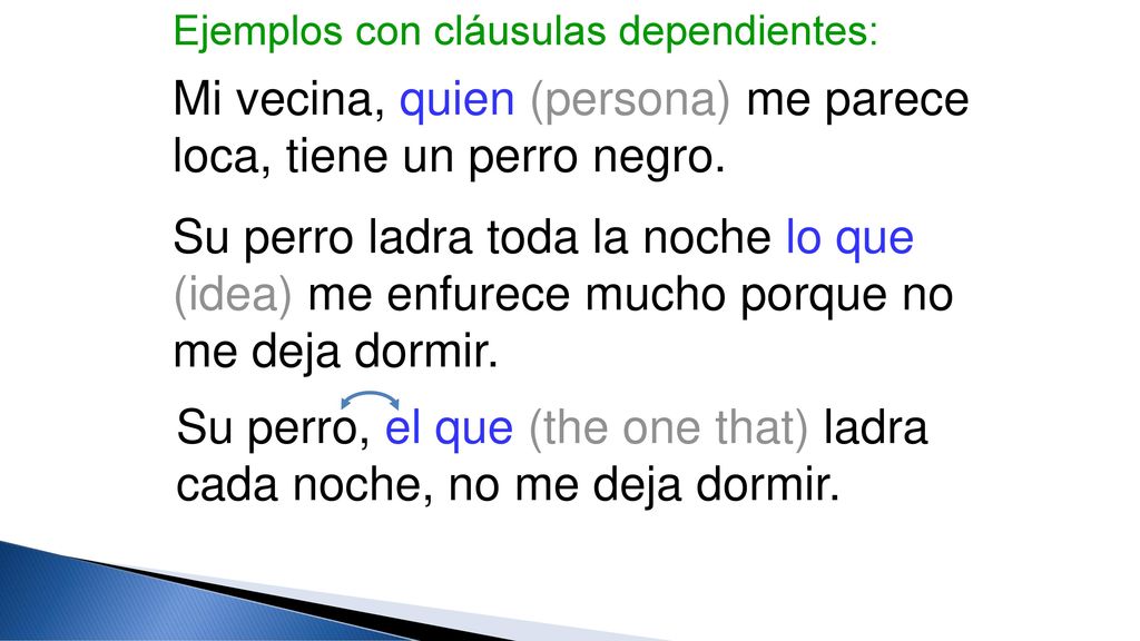 Mi vecina, quien (persona) me parece loca, tiene un perro negro.