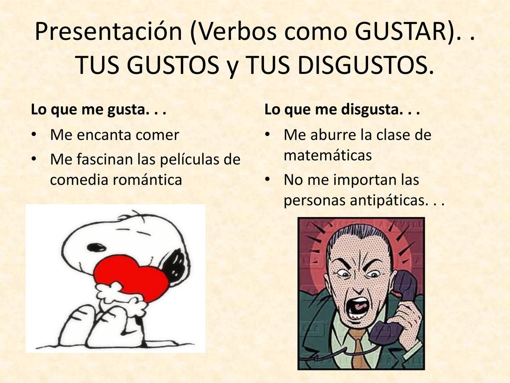 Presentación (Verbos como GUSTAR). . TUS GUSTOS y TUS DISGUSTOS.