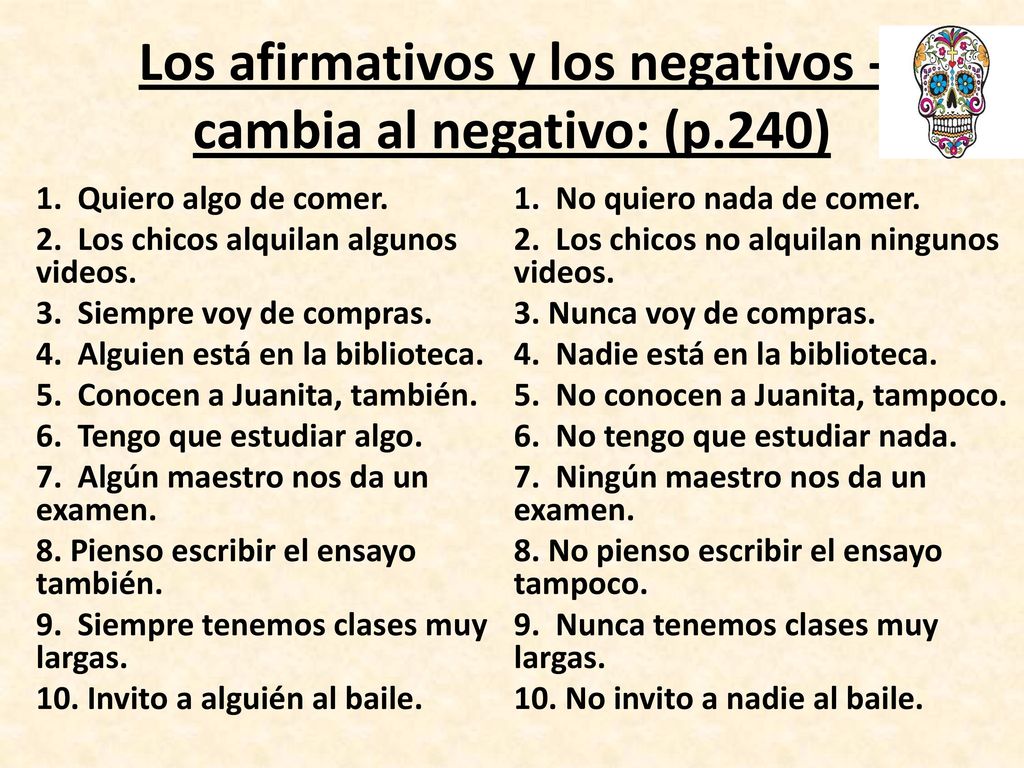 Los afirmativos y los negativos - cambia al negativo: (p.240)