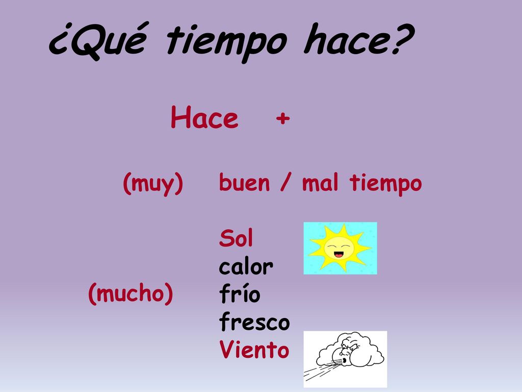 ¿Qué tiempo hace Hace + (muy) buen / mal tiempo Sol calor frío fresco