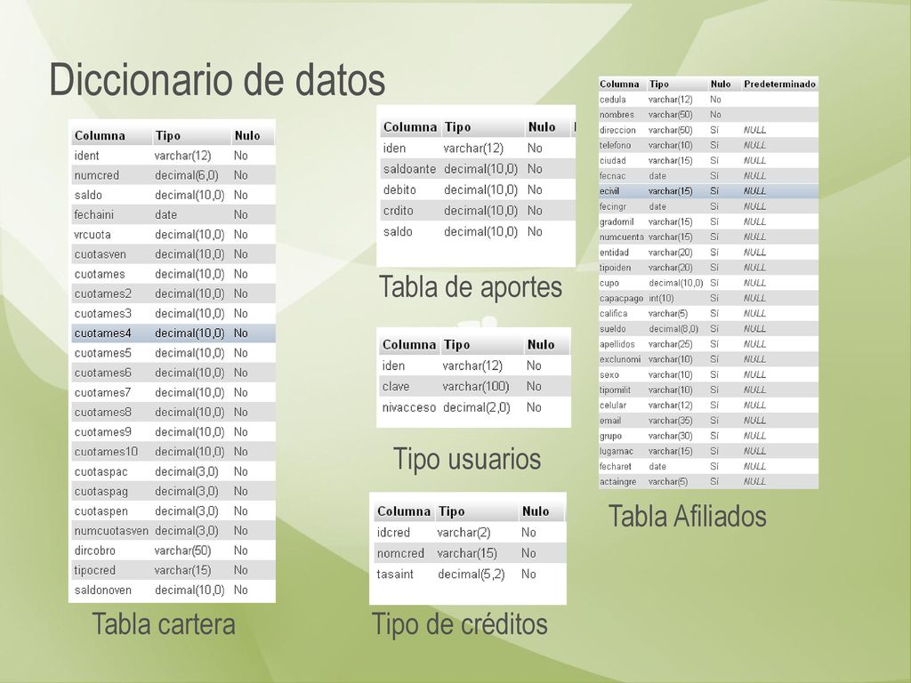 Diccionario de datos Tabla de aportes Tipo usuarios Tabla Afiliados