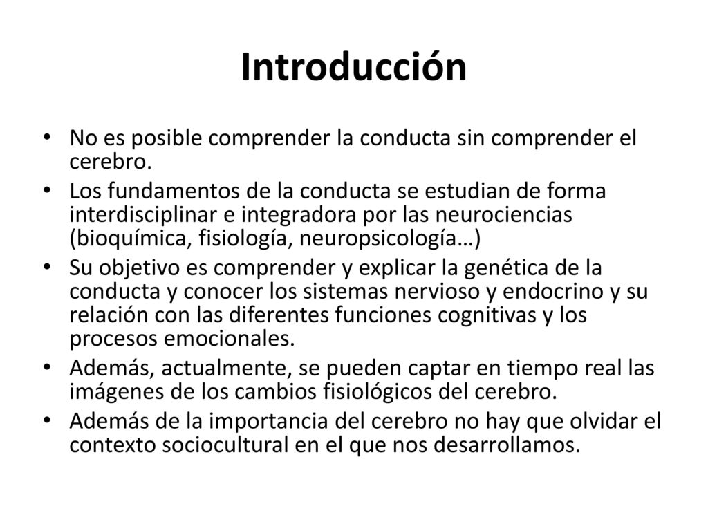 Introducción No es posible comprender la conducta sin comprender el cerebro.