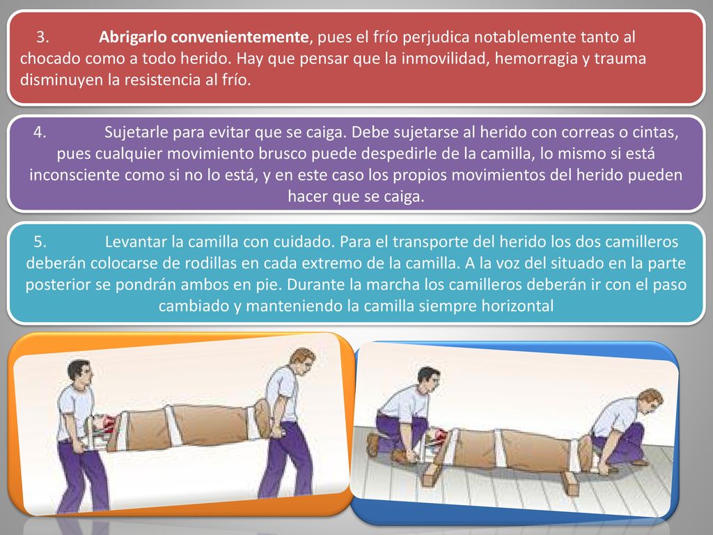 3. Abrigarlo convenientemente, pues el frío perjudica notablemente tanto al chocado como a todo herido. Hay que pensar que la inmovilidad, hemorragia y trauma disminuyen la resistencia al frío.