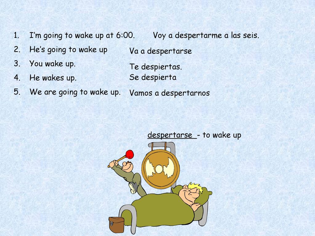 I’m going to wake up at 6:00. He’s going to wake up. You wake up. He wakes up. We are going to wake up.