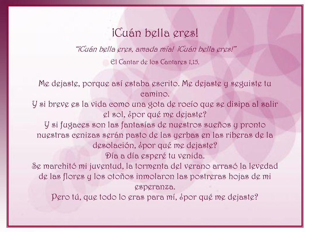 ¡Cuán bella eres! ¡Cuán bella eres, amada mía! ¡Cuán bella eres! El Cantar de los Cantares 1,15.