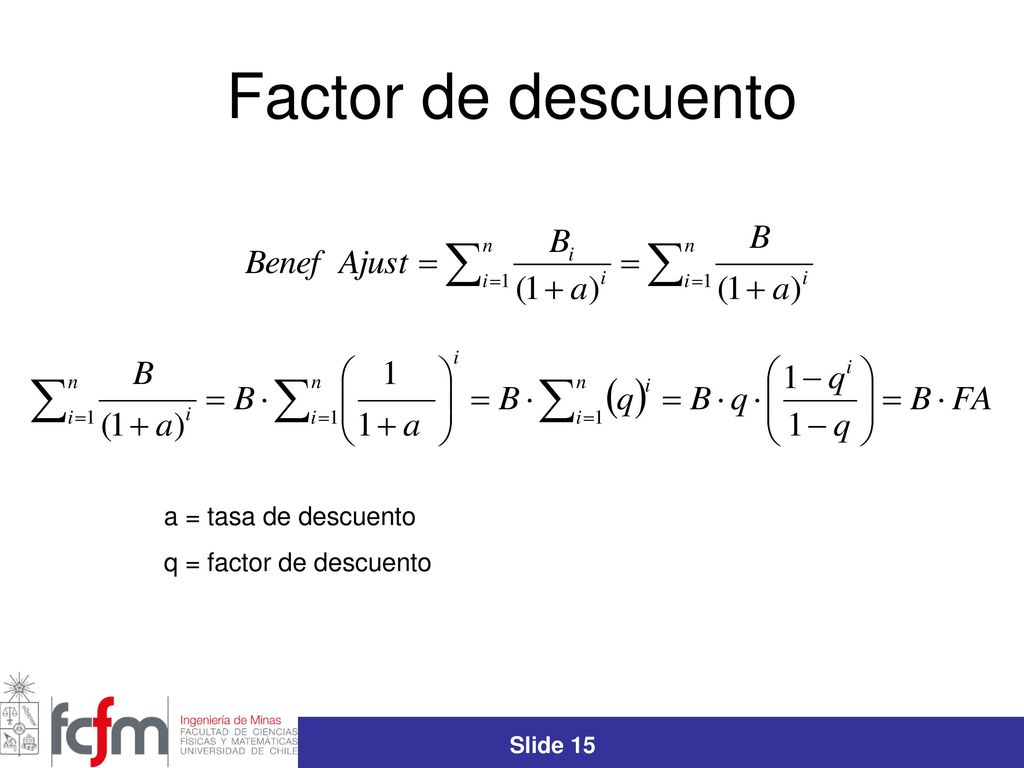 Factor de descuento a = tasa de descuento q = factor de descuento