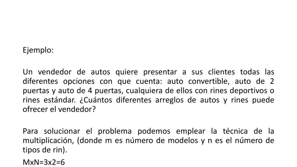 Ejemplo: Un vendedor de autos quiere presentar a sus clientes todas las diferentes opciones con que cuenta: auto convertible, auto de 2 puertas y auto de 4 puertas, cualquiera de ellos con rines deportivos o rines estándar.