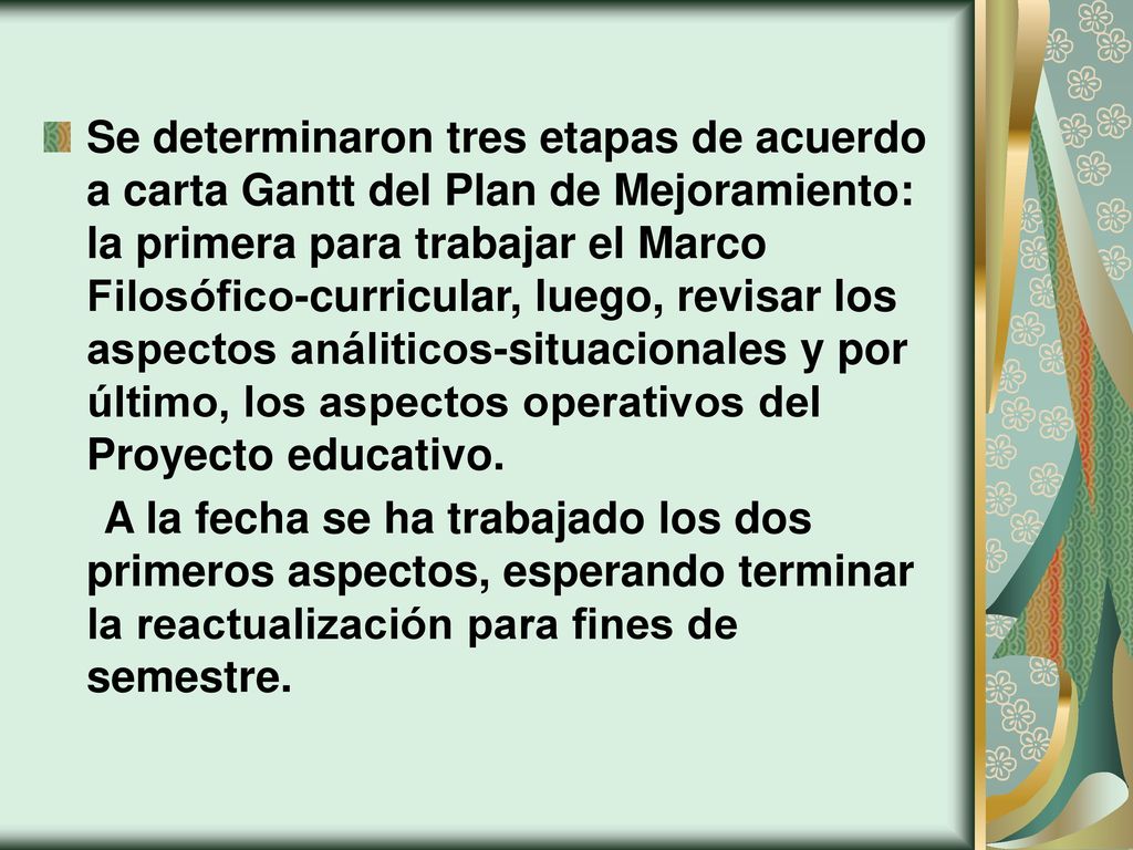 Se determinaron tres etapas de acuerdo a carta Gantt del Plan de Mejoramiento: la primera para trabajar el Marco Filosófico-curricular, luego, revisar los aspectos análiticos-situacionales y por último, los aspectos operativos del Proyecto educativo.