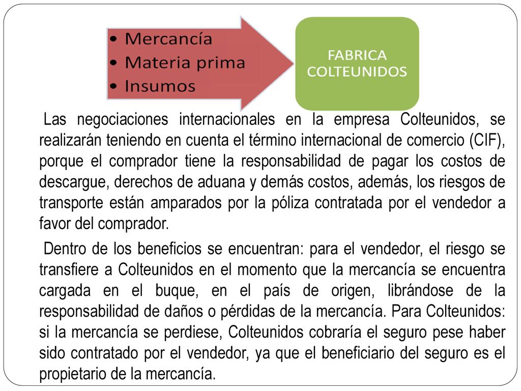 Las negociaciones internacionales en la empresa Colteunidos, se realizarán teniendo en cuenta el término internacional de comercio (CIF), porque el comprador tiene la responsabilidad de pagar los costos de descargue, derechos de aduana y demás costos, además, los riesgos de transporte están amparados por la póliza contratada por el vendedor a favor del comprador.