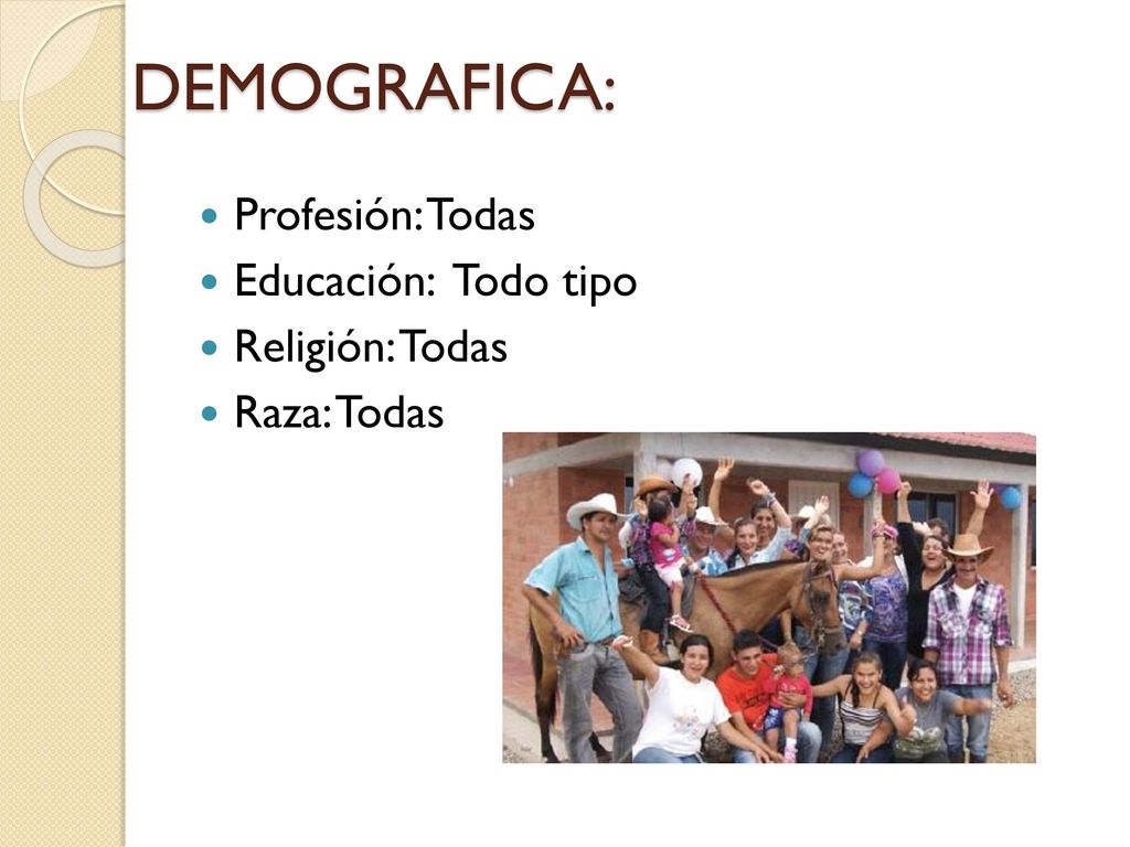 DEMOGRAFICA: Profesión: Todas Educación: Todo tipo Religión: Todas