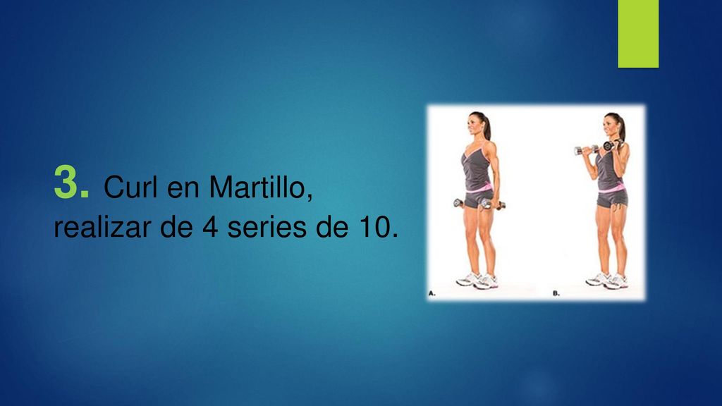 3. Curl en Martillo, realizar de 4 series de 10.