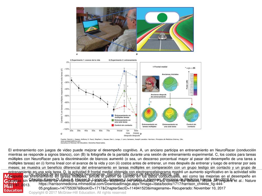 El entrenamiento con juegos de video puede mejorar el desempeño cognitivo. A, un anciano participa en entrenamiento en NeuroRacer (conducción mientras se responde a signos blanco), con (B) la fotografía de la pantalla durante una sesión de entrenamiento experimental. C, los costos para tareas múltiples con NeuroRacer para la discriminación de blancos aumentó (o sea, un descenso porcentual mayor al pasar del desempeño de una tarea a múltiples tareas) en (i) forma lineal con el avance de la vida y con (ii) costos antes de entrenar, un mes después de entrenar y luego de entrenar por seis meses; se muestra un beneficio diferencial del entrenamiento en tareas múltiples en comparación con un grupo testigo sin contacto y un grupo de entrenamiento en una sola tarea. D, la actividad θ frontal medial obtenida con electroencefalograma mostró un aumento significativo en la actividad sólo después del entrenamiento en tareas múltiples, simula el patrón de cambio en los datos conductuales, así como las mejorías en el desempeño en pruebas sin entrenamiento de memoria funcional y atención sostenida (no presentadas). Para conocer los detalles, véase JA Anguera et al.: Nature 501:97, 2013.