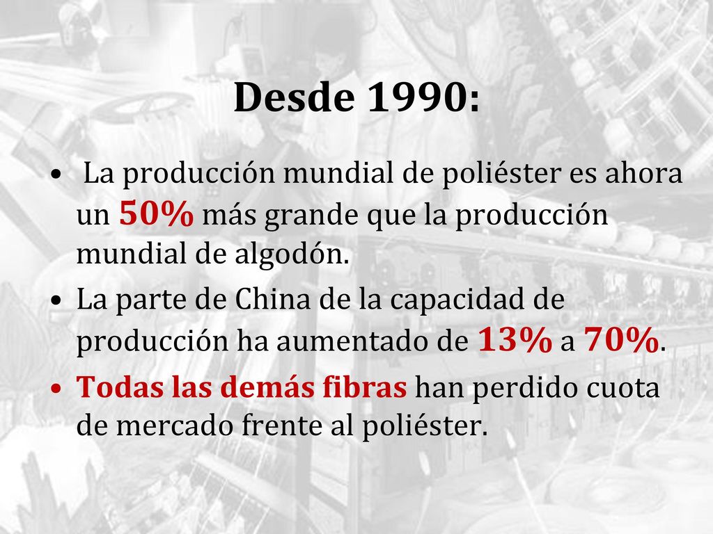 Desde 1990: La producción mundial de poliéster es ahora un 50% más grande que la producción mundial de algodón.
